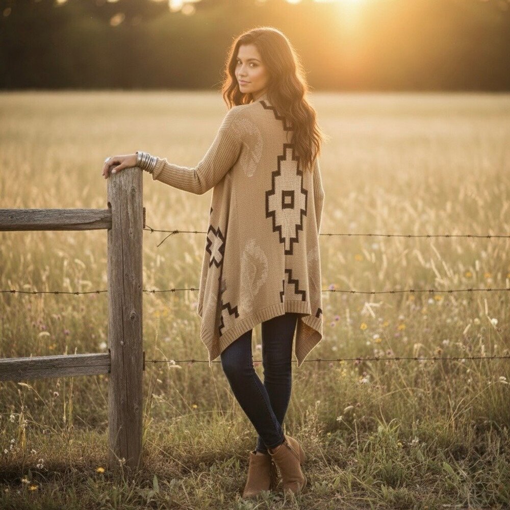 Draped Tribal Waterfall Duster Cardigan | Coastal Cowgirl Western Boho Cozy Knit - Picture 10 of 16